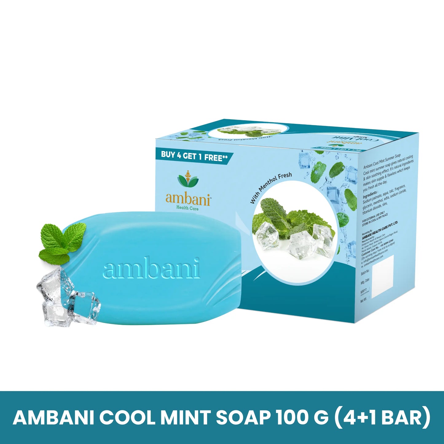 AMBANI HEALTH CARE Cool Mint Soap I Natural Herbal Handmade Bathing Bar I Cooling & Soothing Effect on Skin with Menthol Fresh I Moisturising Skin & Deep Cleansing I for All Skin Types (Set of 4 + 1)