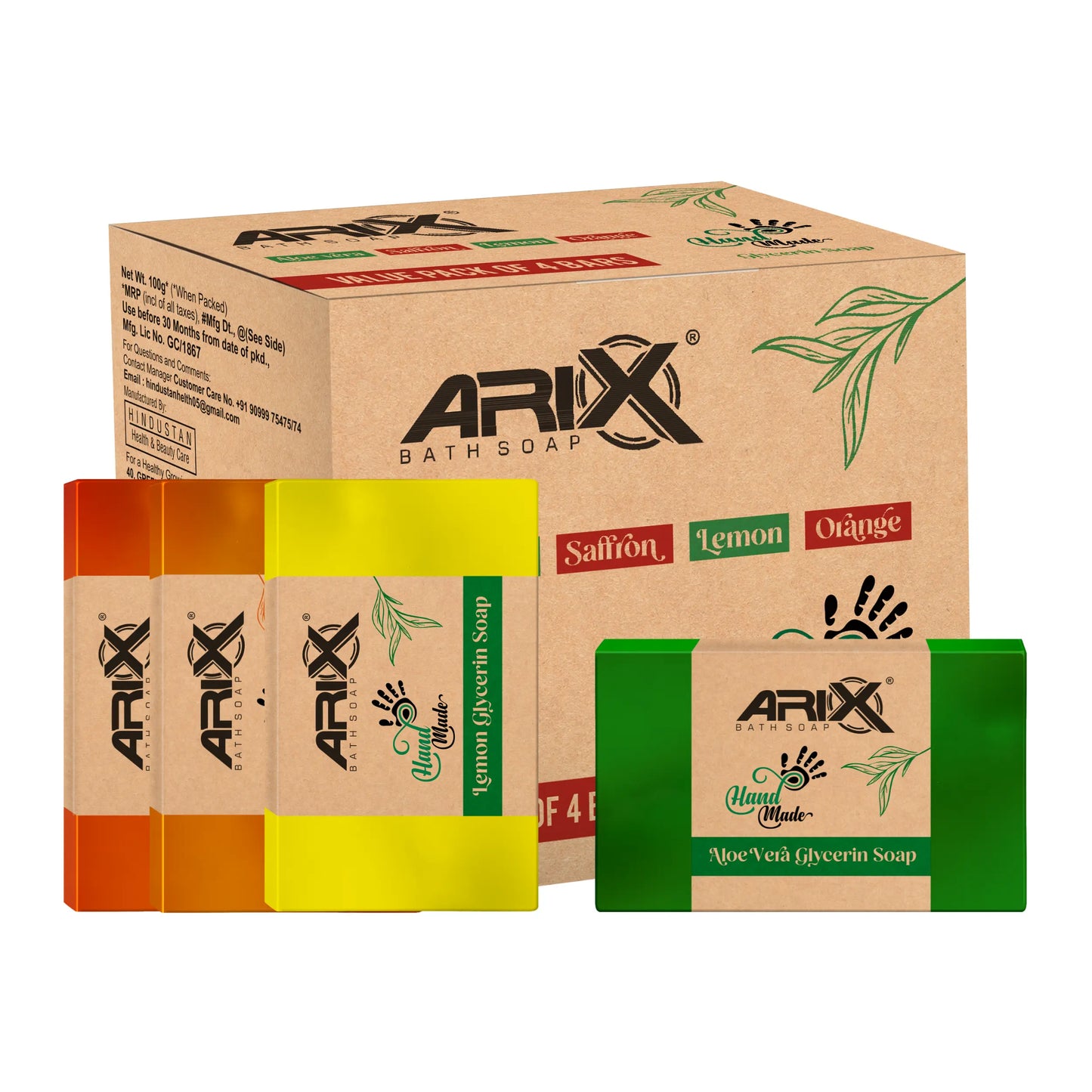 ARIX Natural Handmade Glycerin Bath Soap Combo - Aloe Vera, Saffron, Lemon & Orange Bathing Bar I Herbal Soaps with Essential Oils I Glowing Skin & Body I for Women & Men with All Skin Type – Set of 4
