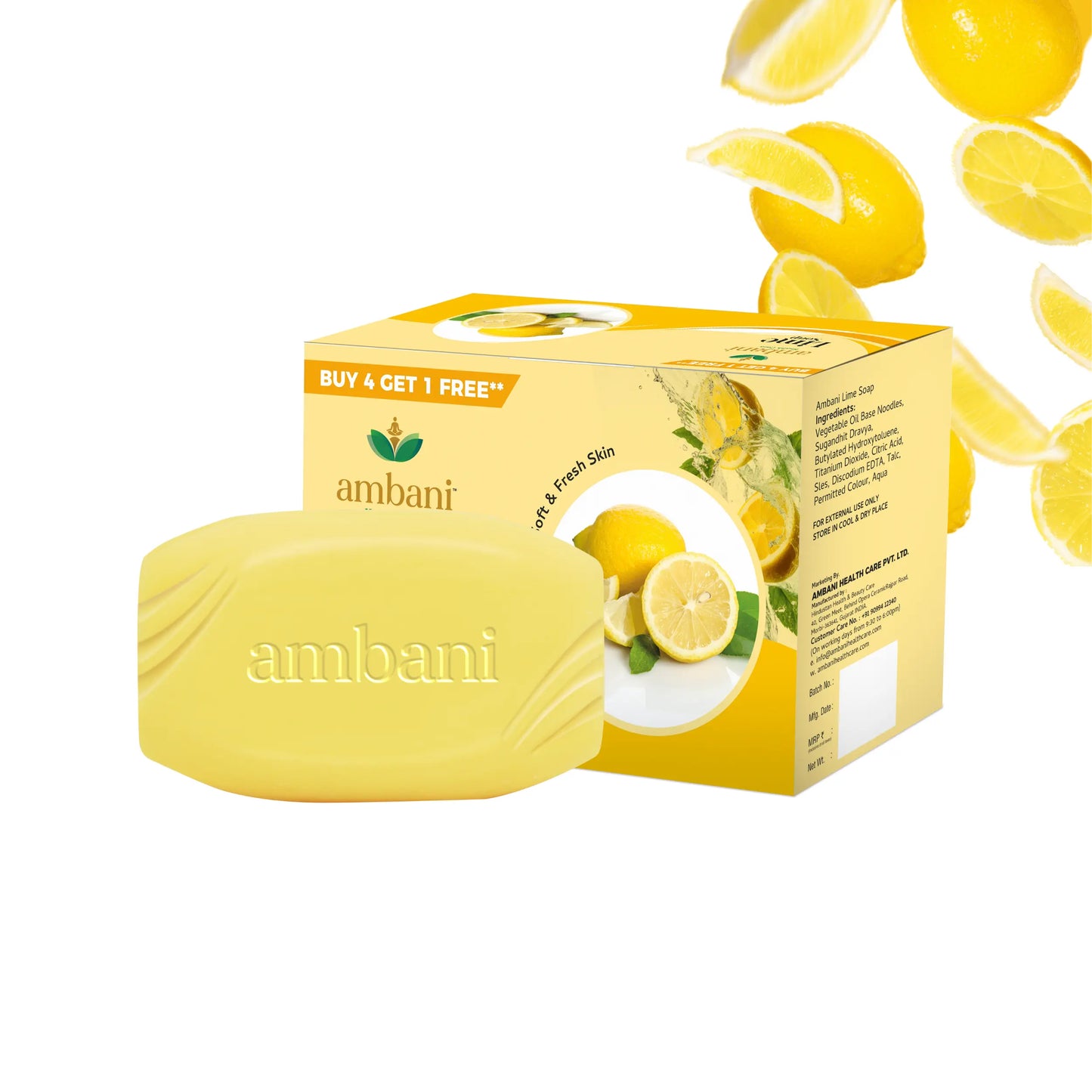 AMBANI HEALTH CARE Lime Soap I Refreshing Bathing Bar I Freshness of Lemon I Healthy Skin I Paraben Free I Handmade Natural with Essential Oils I Reducing Tanning I for All Skin Types (Set of 4 + 1)
