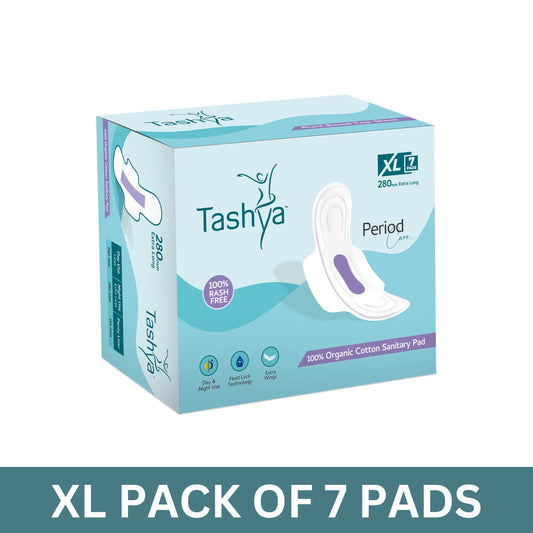 TASHYA 100% Pure Cotton Sanitary Pads I 8 Layer All Night Sanitary Napkins I Fluid Lock Technology I Rash Free, Anti Tan, Skin Friendly, Leak-proof I Hygiene & Comfort I XL - 280mm - 7 Pads