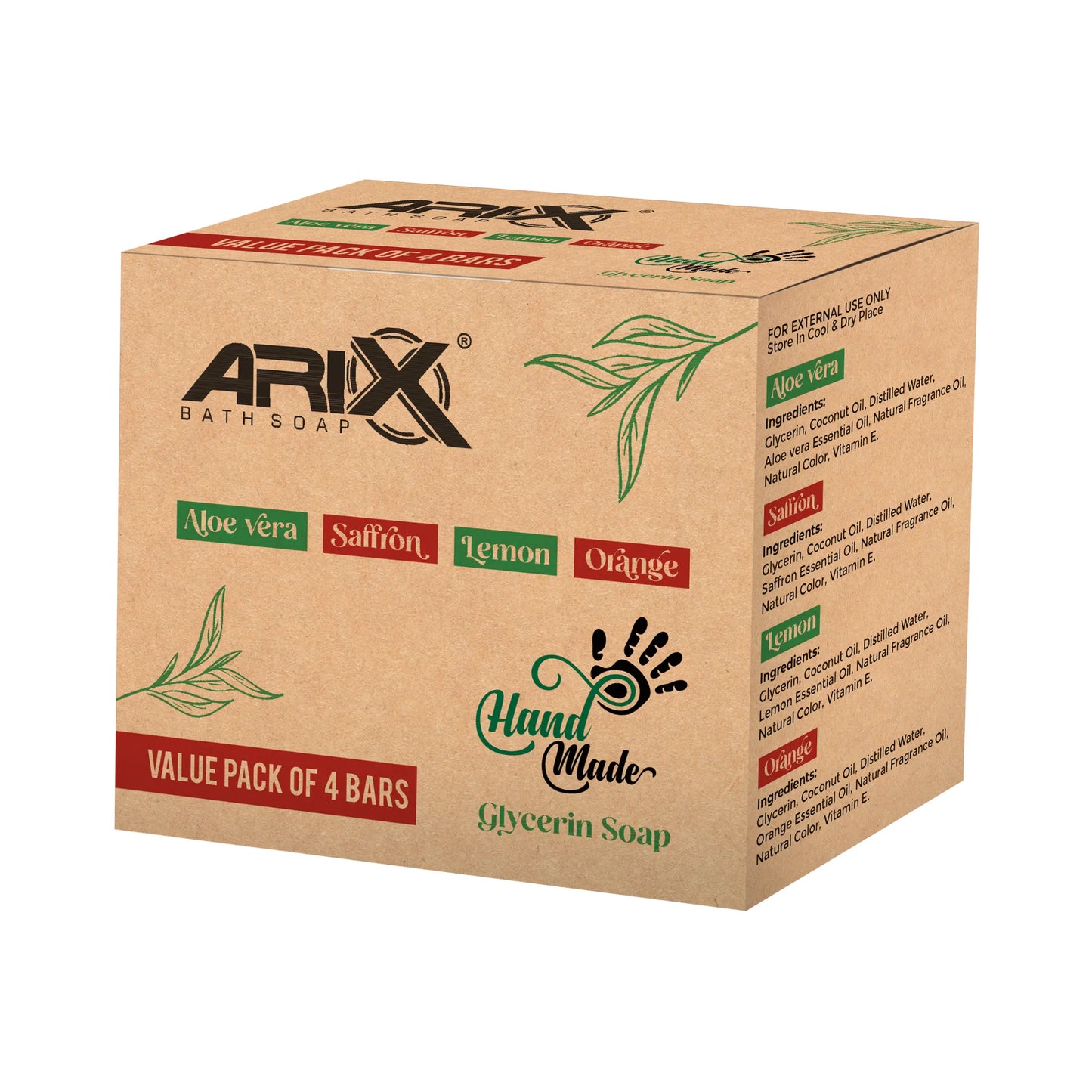 ARIX Natural Handmade Glycerin Bath Soap Combo - Aloe Vera, Saffron, Lemon & Orange Bathing Bar I Herbal Soaps with Essential Oils I Glowing Skin & Body I for Women & Men with All Skin Type – Set of 4