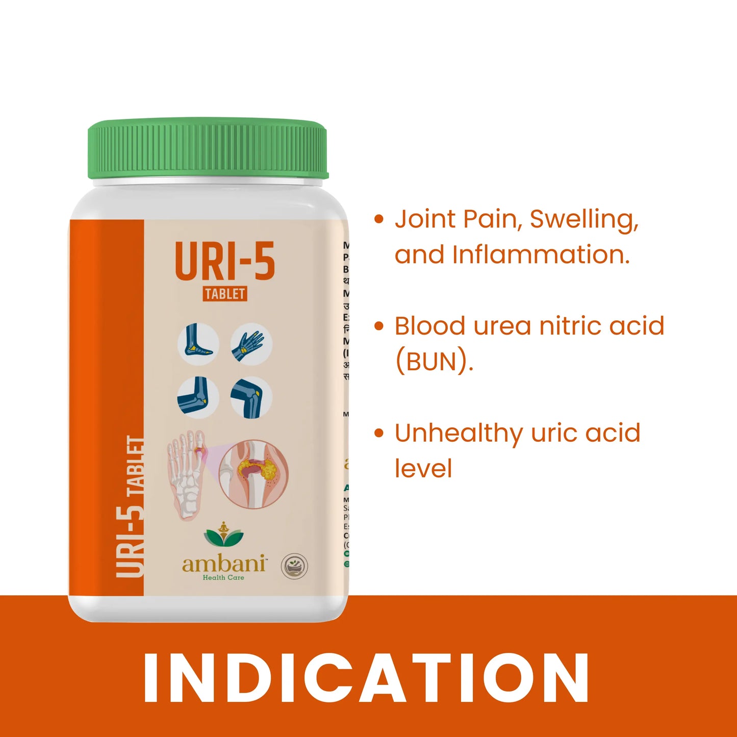 AMBANI HEALTH CARE Ayurvedic URI-5 Tablet I Uric Acid Control Medicine I Natural Formulation I Herbal Supplements I Support for Joint Pain, Swelling, & Inflammation I for Men & Women