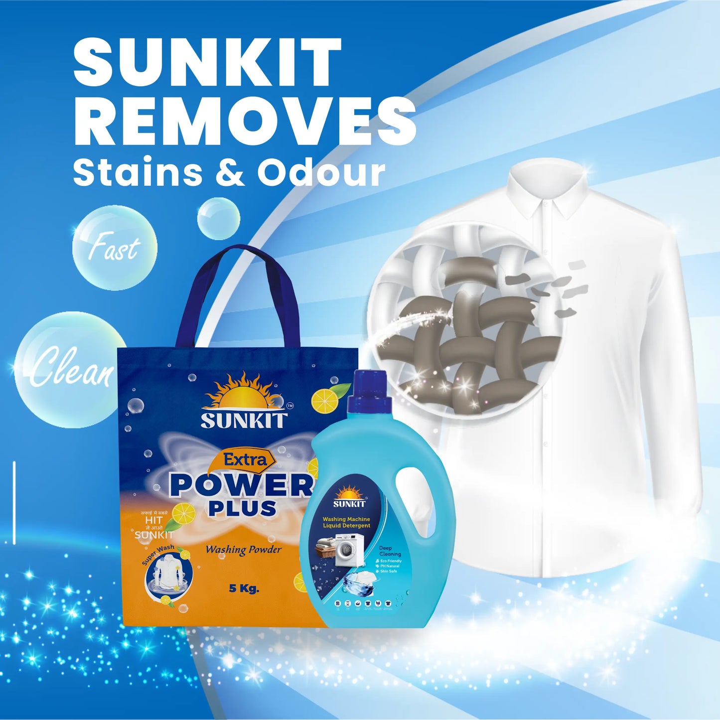 SUNKIT Detergent Powder and Liquid I Natural Ingredients Eco-friendly I Removes Stains & Odour I Long-Lasting Fresh Fragrance I for All Types of Fabrics, Washing Machine & Hand Wash (5KG + 1Liter)