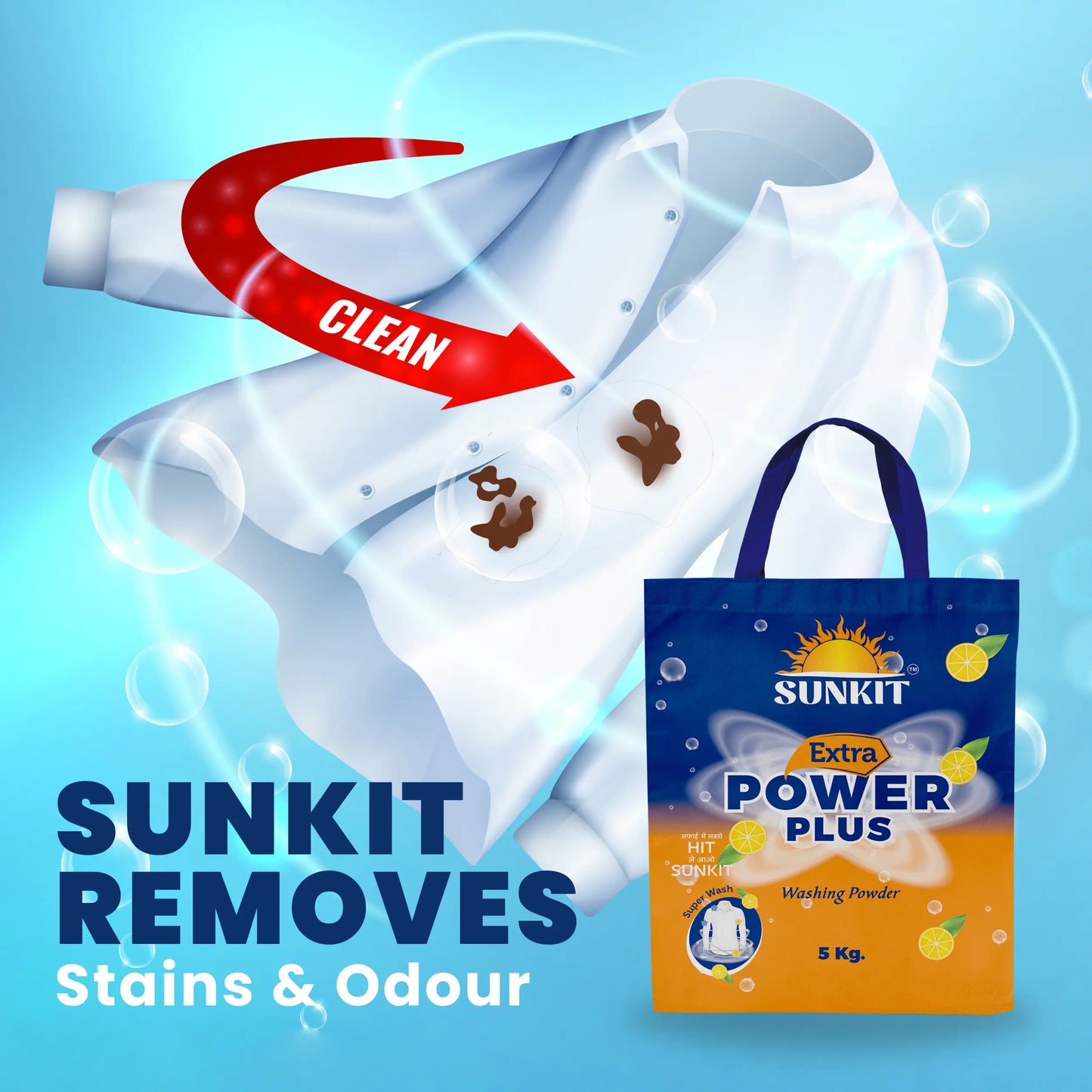 SUNKIT Detergent Powder and Detergent Cake I Deep Clean & Fresh I Removes Stains & Odour I Long-Lasting Enhanced Formula I Preserves Brightness I Safe for All Types of Clothes – 5kg + Set of 6