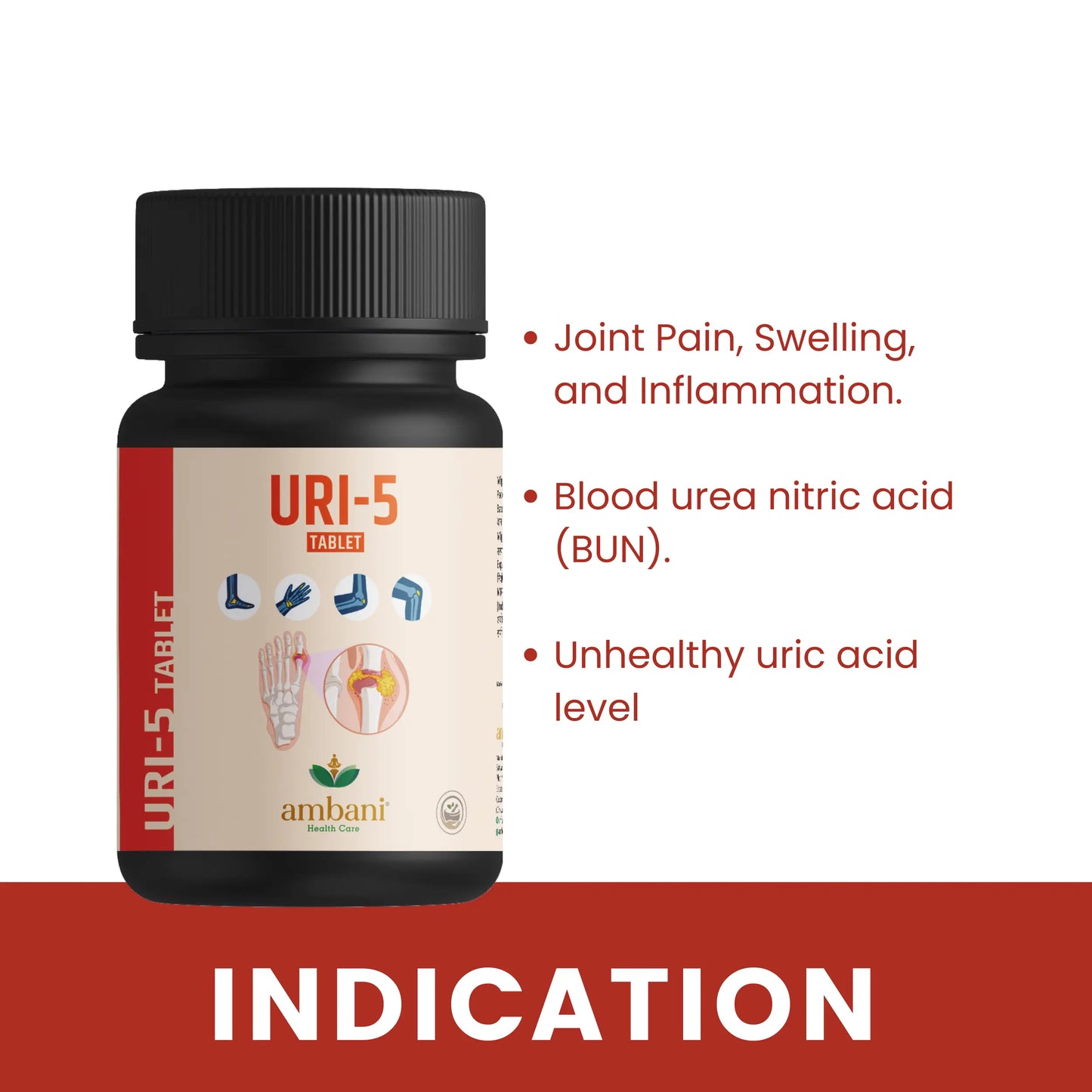 AMBANI HEALTH CARE Ayurvedic URI-5 Tablet I Uric Acid Control Medicine I Natural Formulation I Herbal Supplements I Support for Joint Pain, Swelling, & Inflammation I for Men & Women
