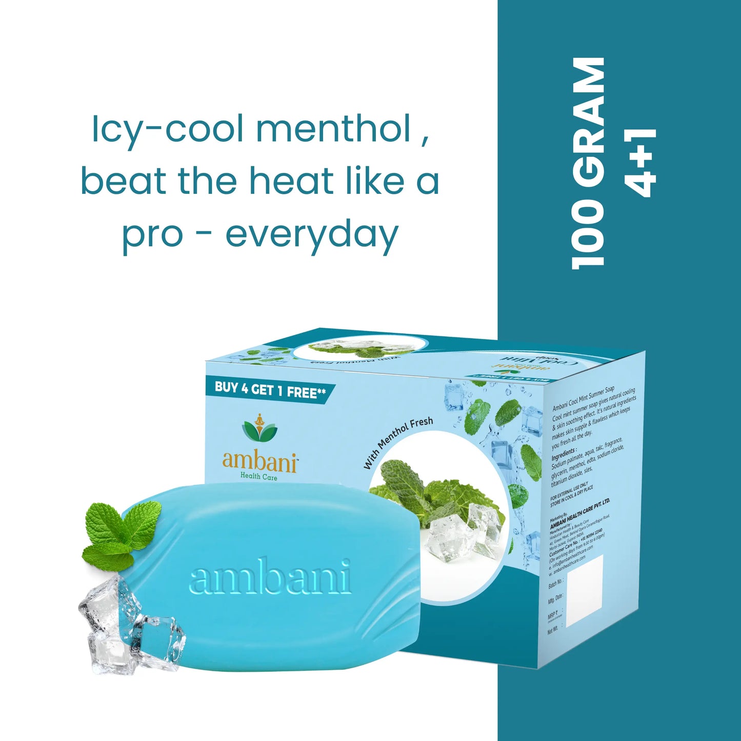 AMBANI HEALTH CARE Cool Mint Soap I Natural Herbal Handmade Bathing Bar I Cooling & Soothing Effect on Skin with Menthol Fresh I Moisturising Skin & Deep Cleansing I for All Skin Types (Set of 4 + 1)