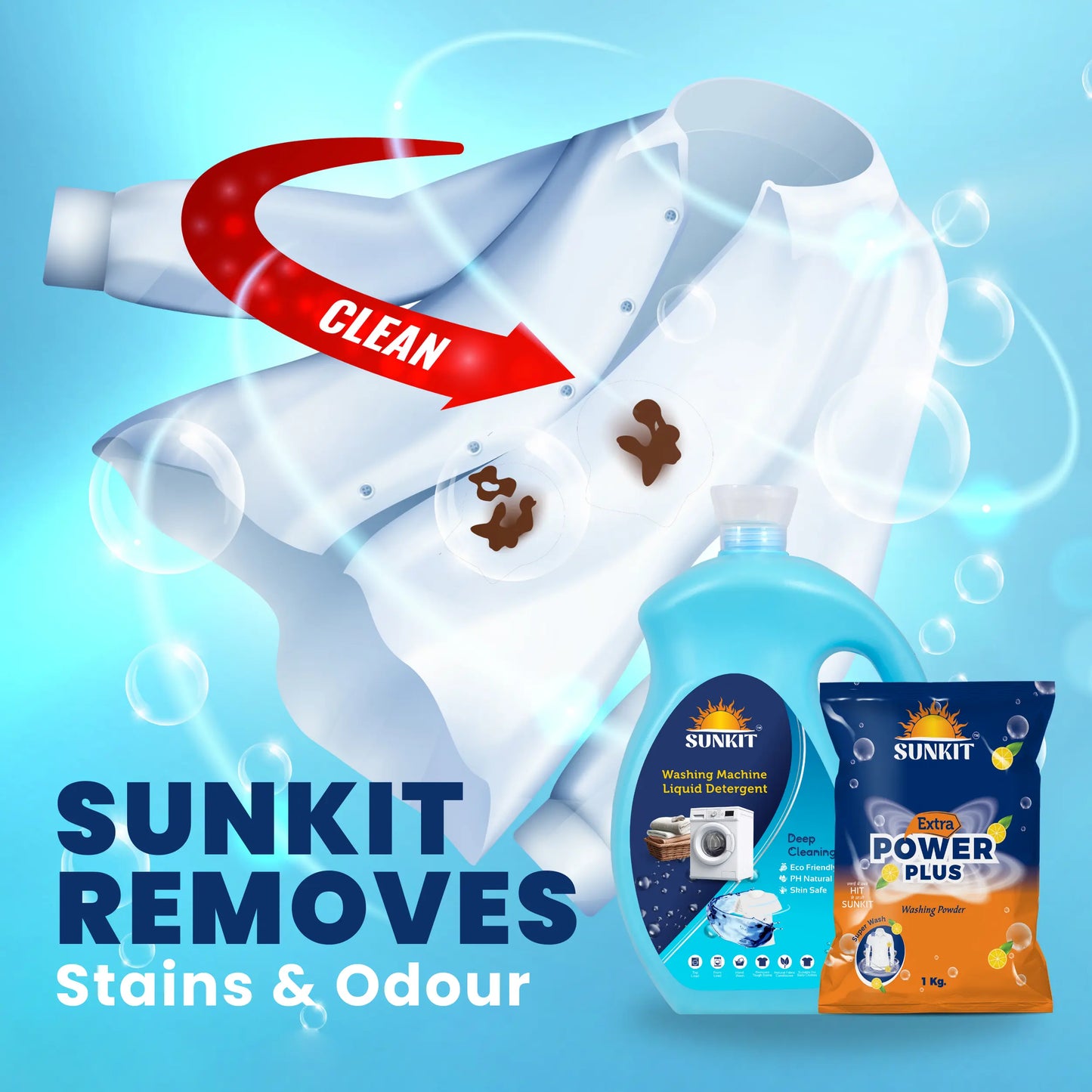 SUNKIT Detergent Powder and Liquid I Natural Ingredients Eco-friendly I Removes Stains & Odour I Long-Lasting Fresh Fragrance I for All Types of Fabrics, Washing Machine & Hand Wash (1KG + 5Liter)