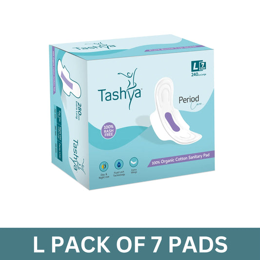 TASHYA 100% Pure Cotton Sanitary Pads I 8 Layer Sanitary Napkins I Fluid Lock Technology I Rash Free, Anti Tan, Skin Friendly I Hygiene & Comfort I Leak-proof I For All Skin Type I L - 240mm - 7 Pads