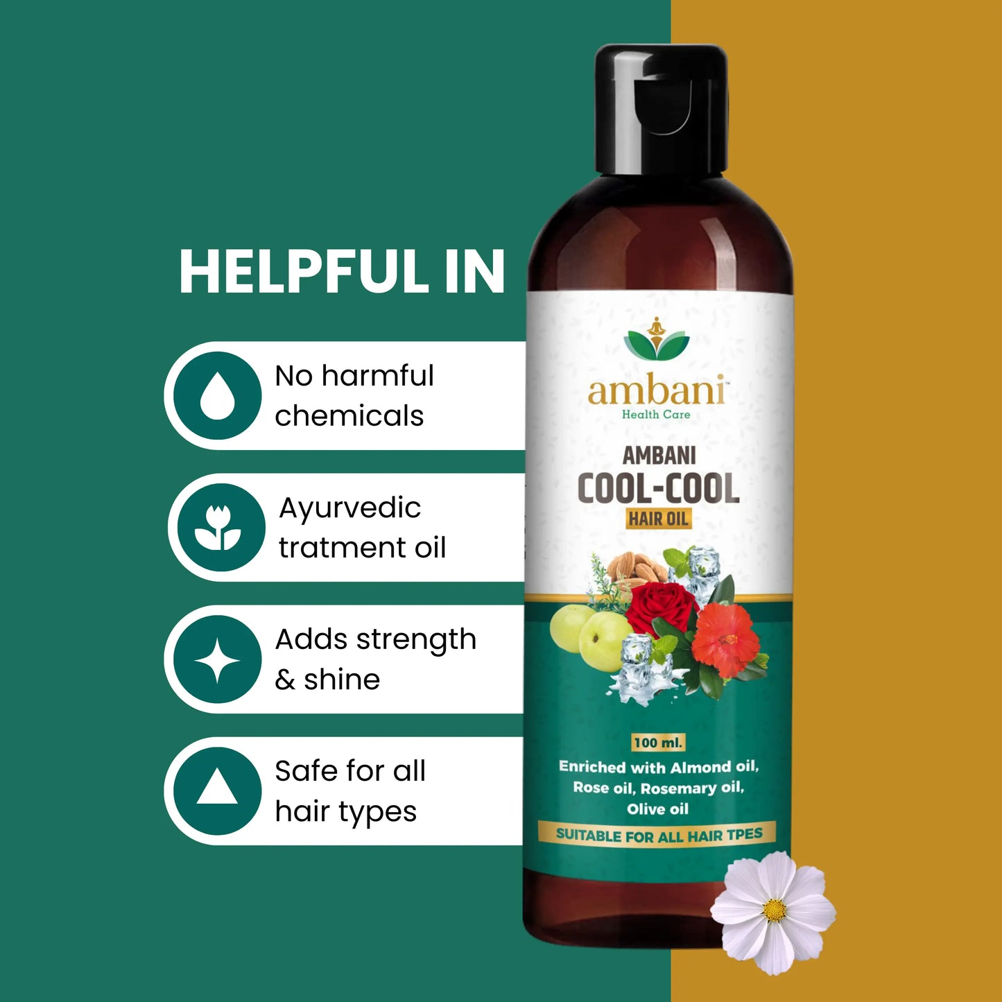 AMBANI HEALTH CARE Cool Hair Oil I with Comb Extension I Unique combination of Ayurvedic Herbs I Relief from Stress, Headache & Body Pain I for Strong, Thick & Shiny I for All Hair Types (100ML+100ML)