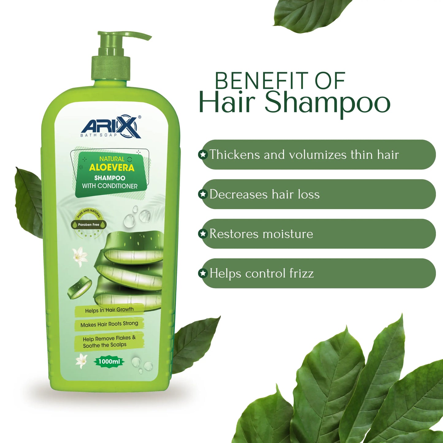 ARIX Natural Aloevera Shampoo Conditioner and Neem Soap I Herbal Bathing Bar with Essential Oils I Enhance Shine, Strengthen, Soothe Scalp and Reduce Hair Fall I for Women & Men (1 L + 5 Pcs)
