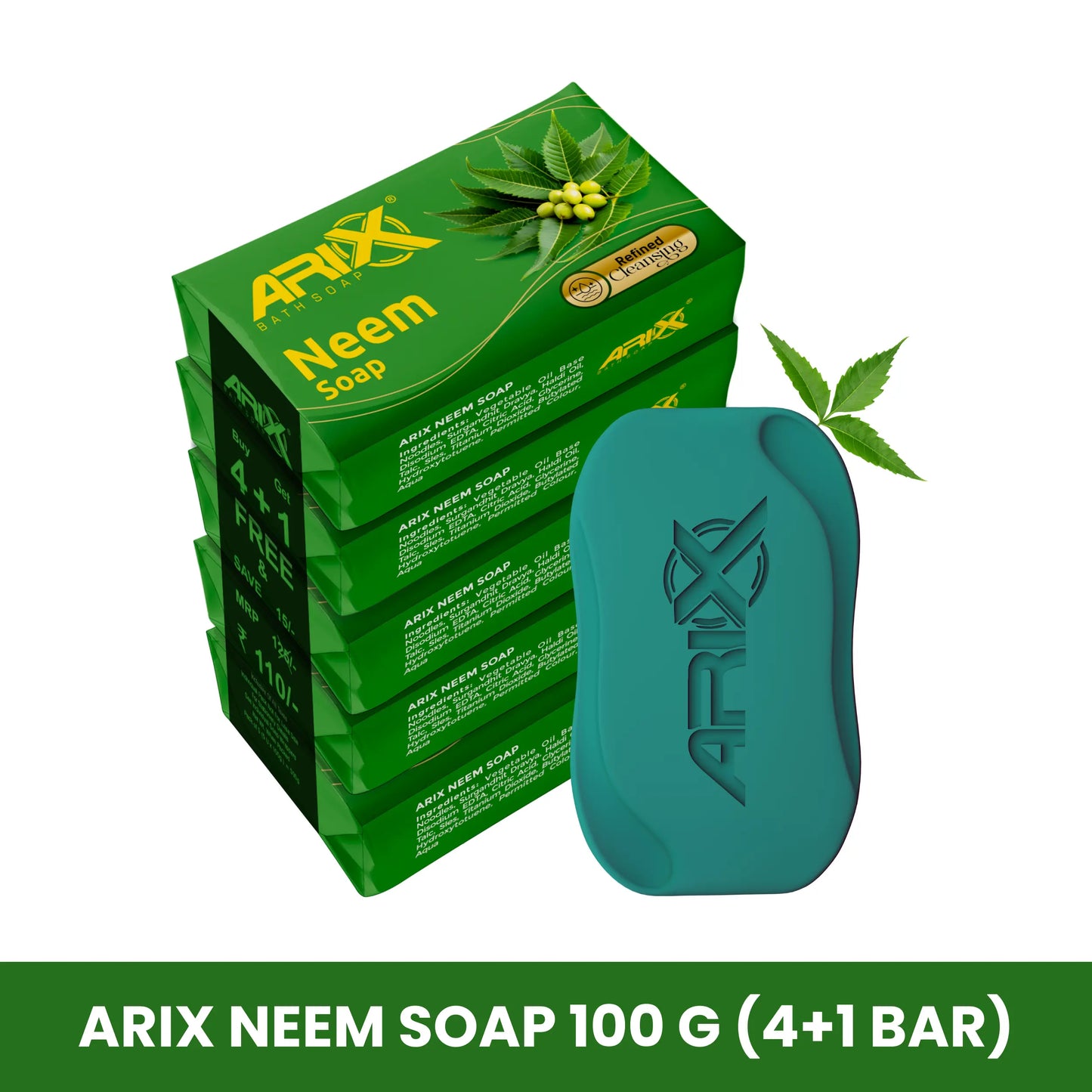 ARIX Neem Soap I with Goodness of Neem Leaves I Herbal Bathing Bar with Essential Oils I Anti-Bacterial I for Smooth, Soft, Moisturised & Nourished Skin I Suitable for All Skin Types (Set of 5)