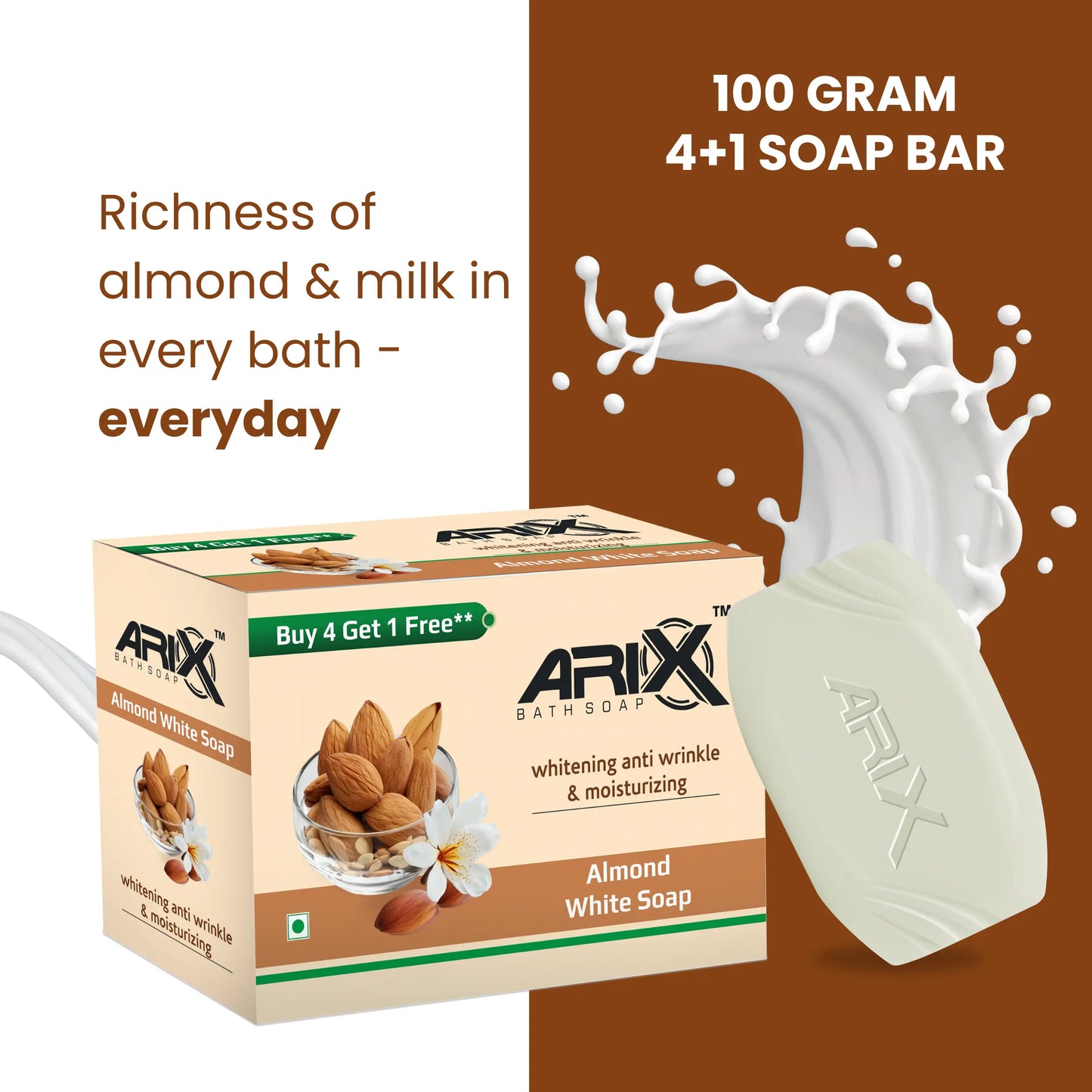 ARIX Almond Soap with Essential Oil I Natural Cleanser I Handmade Bathing Bar for Face & Body I Clear, Glowing & Radiant Skin, Moisturizing I for Women & Men with All Skin Type (Pack of 4 + 1)