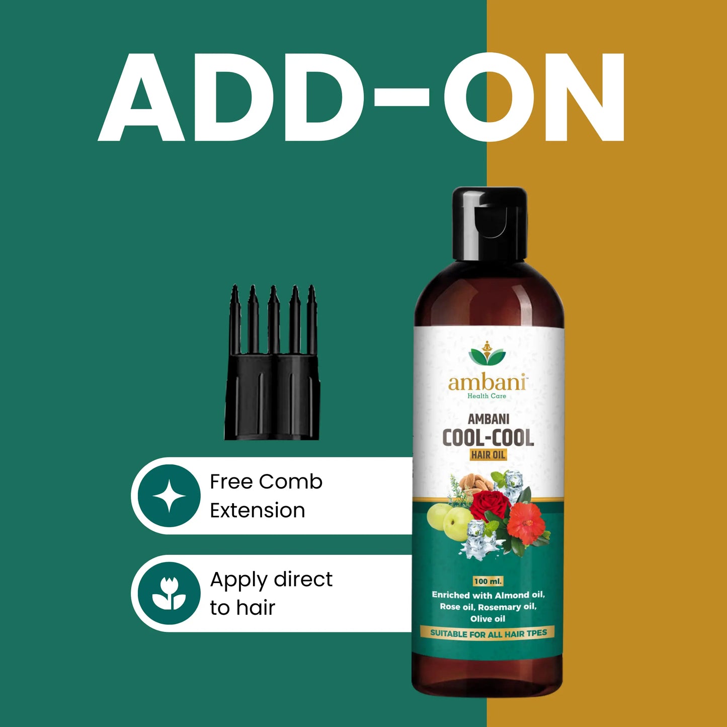 AMBANI HEALTH CARE Cool Hair Oil I with Comb Extension I Unique combination of Ayurvedic Herbs I Relief from Stress, Headache & Body Pain I for Strong, Thick & Shiny I for All Hair Types (100ML+100ML)
