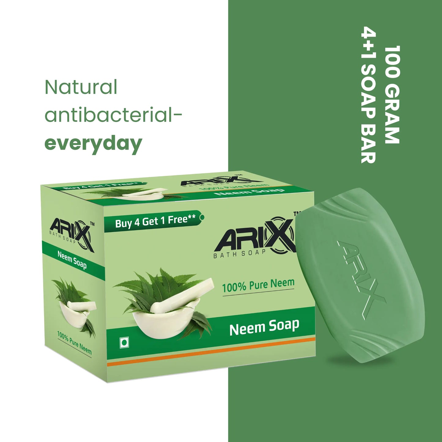 ARIX Neem Soap I Herbal Bathing Bar with Essential Oils I Goodness of Neem Leaves I Anti-Bacterial I for Smooth Soft Moisturised & Nourished Skin (Pack of 4 + 1)