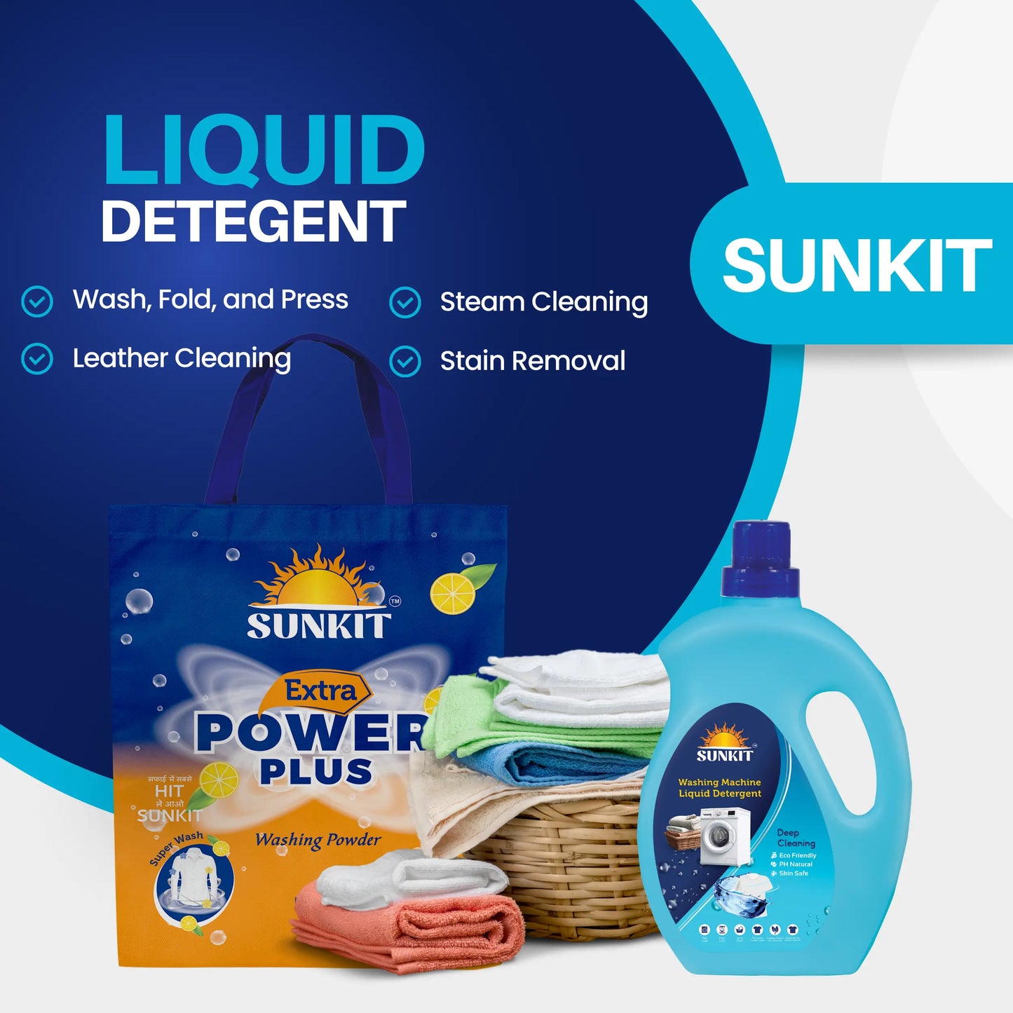 SUNKIT Detergent Powder and Liquid I Natural Ingredients Eco-friendly I Removes Stains & Odour I Long-Lasting Fresh Fragrance I for All Types of Fabrics, Washing Machine & Hand Wash (5KG + 1Liter)