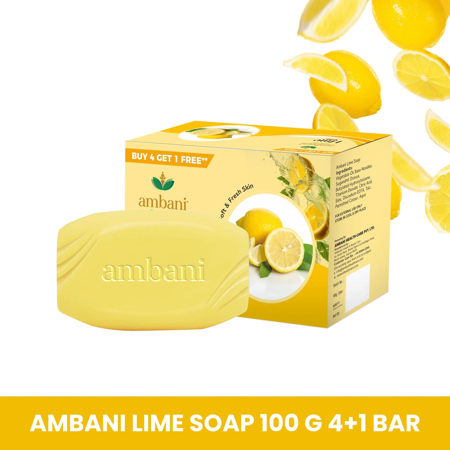 AMBANI HEALTH CARE Lime Soap I Refreshing Bathing Bar I Freshness of Lemon I Healthy Skin I Paraben Free I Handmade Natural with Essential Oils I Reducing Tanning I for All Skin Types (Set of 4 + 1)