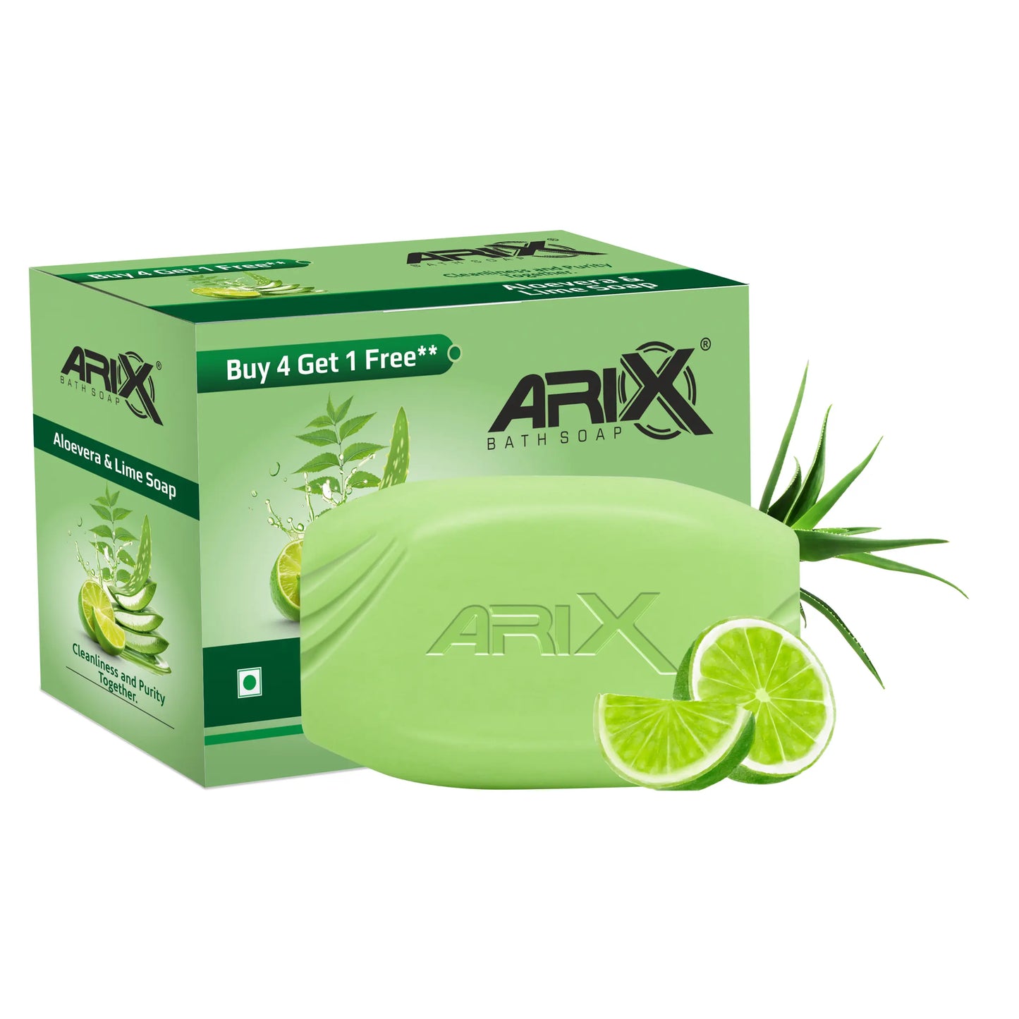 ARIX Aloevera & Lime Soap I Herbal Bathing Bar I Long-Lasting Fragrance I Cleanliness and Purity I Pollution Dirt Removal & Hydrating Skin Cells I for Women & Men with All Skin Types (Set of 4 + 1)