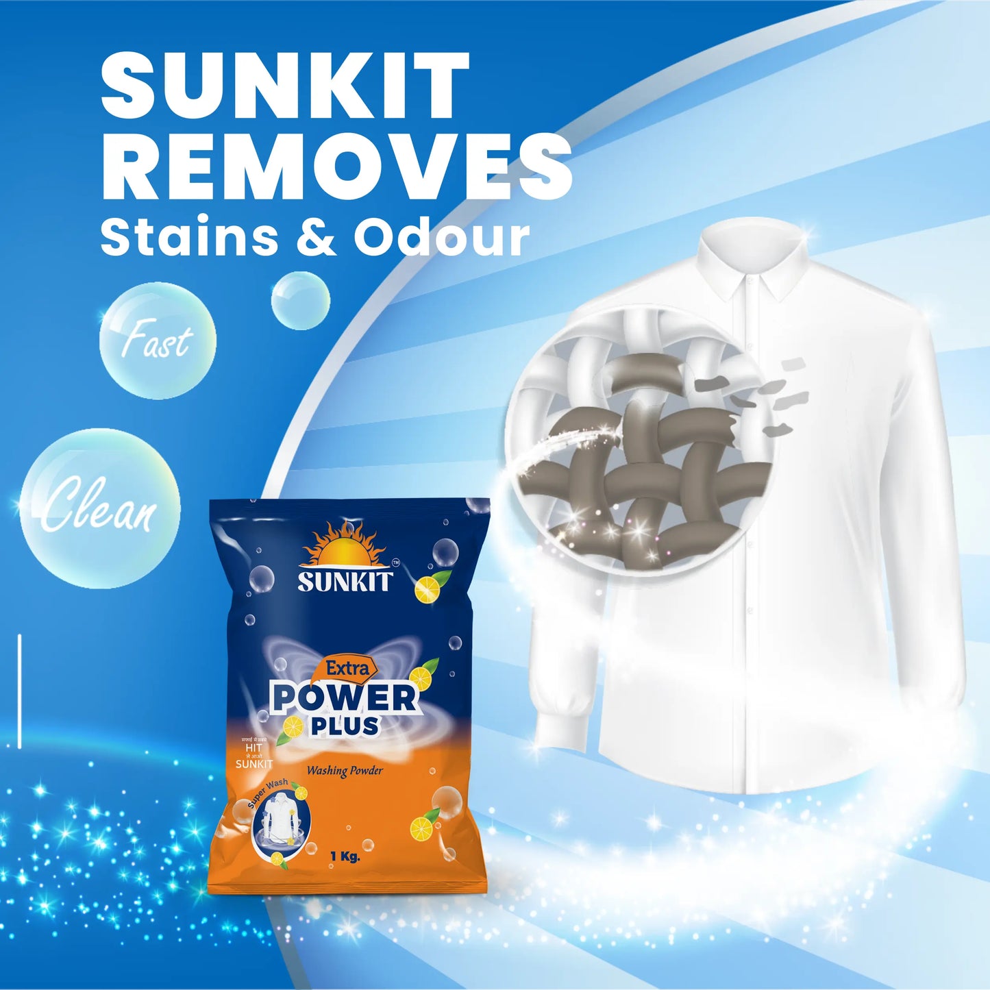 SUNKIT Detergent Powder I Power Plus Washing Powders I Removes Stains & Odour I Colour-Safe I Bright and Dazzling White Clothes I Safe and Gentle on Fabrics I for all Machine and Hand Wash