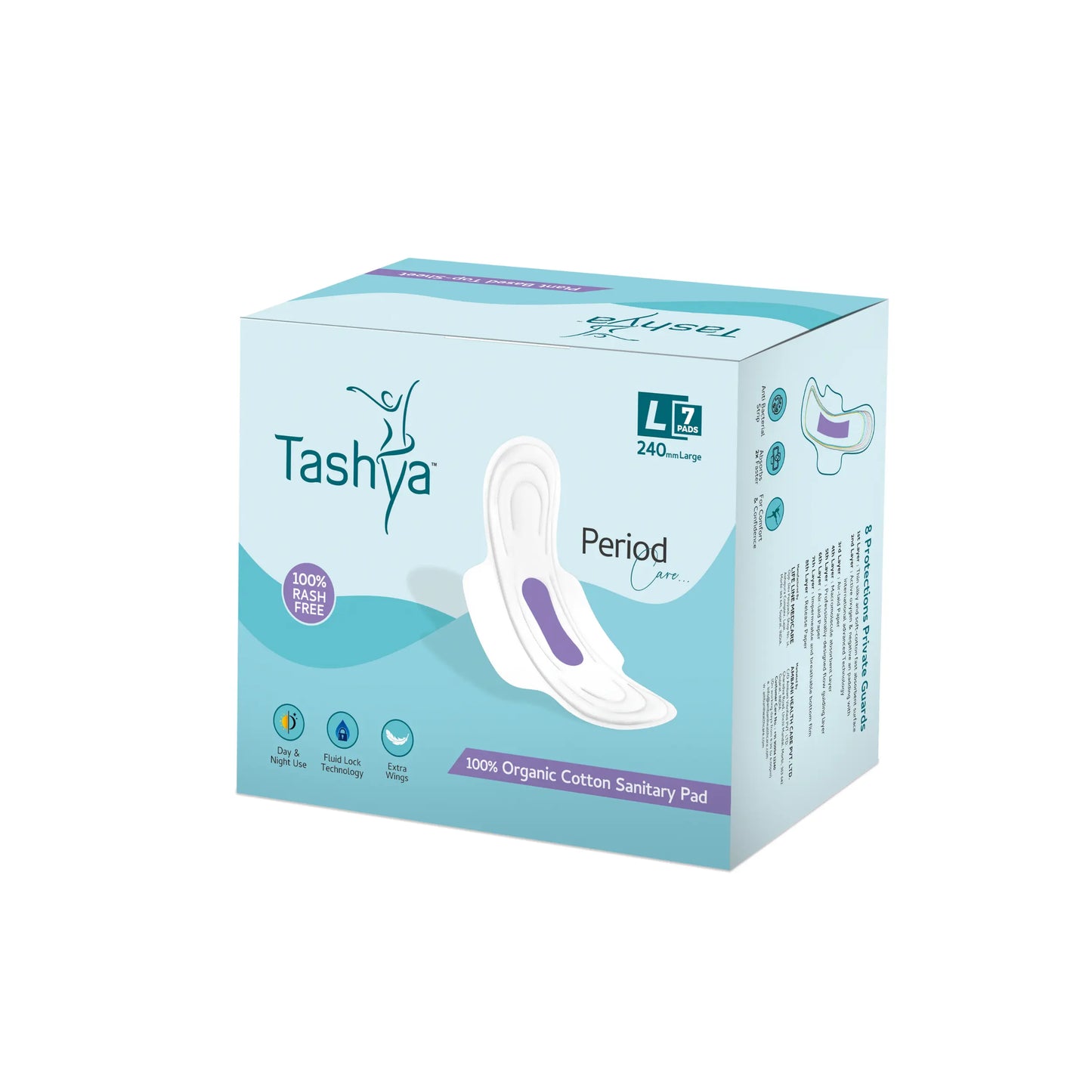 TASHYA 100% Pure Cotton Sanitary Pads I 8 Layer Sanitary Napkins I Fluid Lock Technology I Rash Free, Anti Tan, Skin Friendly I Hygiene & Comfort I Leak-proof I For All Skin Type I L - 240mm - 7 Pads