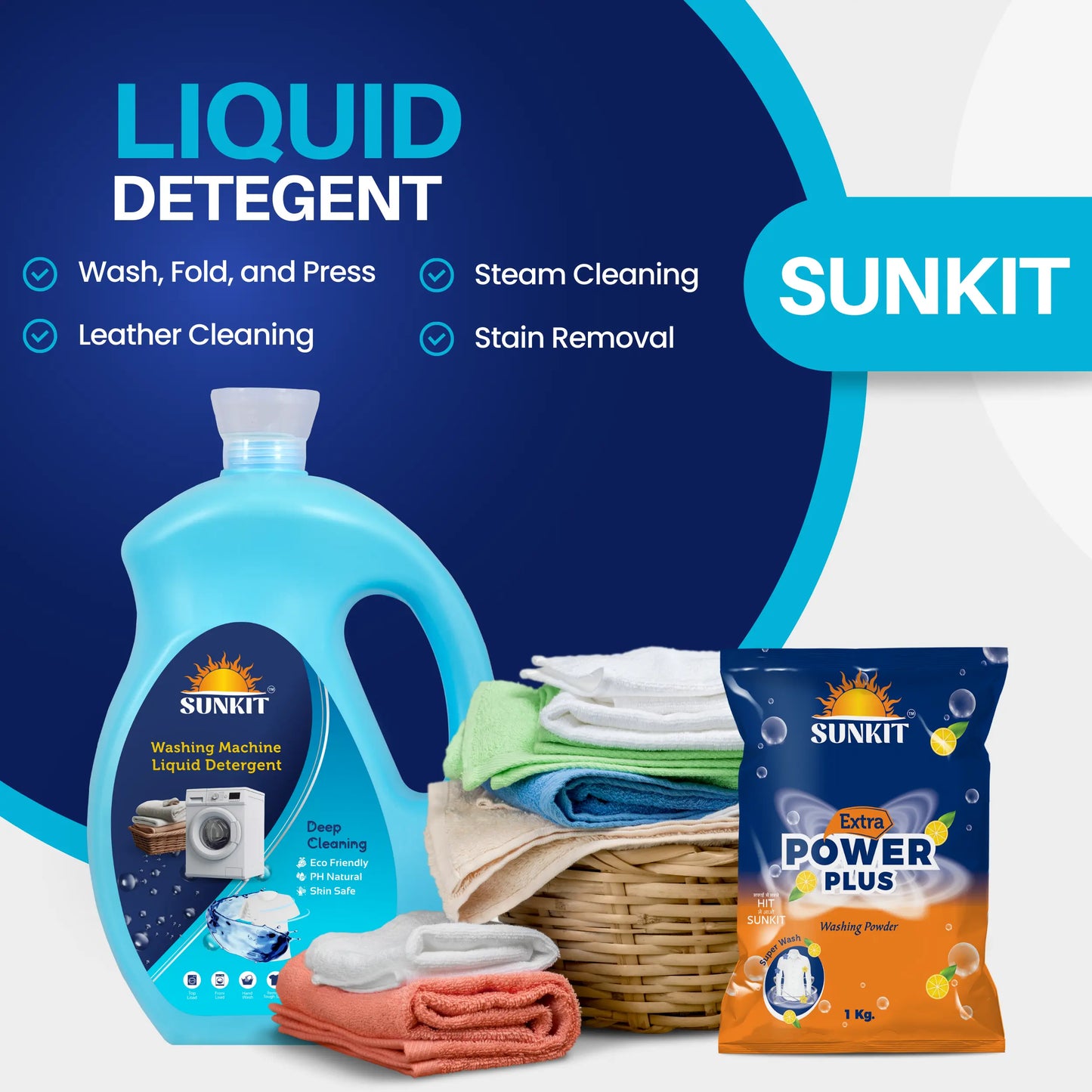 SUNKIT Detergent Powder and Liquid I Natural Ingredients Eco-friendly I Removes Stains & Odour I Long-Lasting Fresh Fragrance I for All Types of Fabrics, Washing Machine & Hand Wash (1KG + 5Liter)
