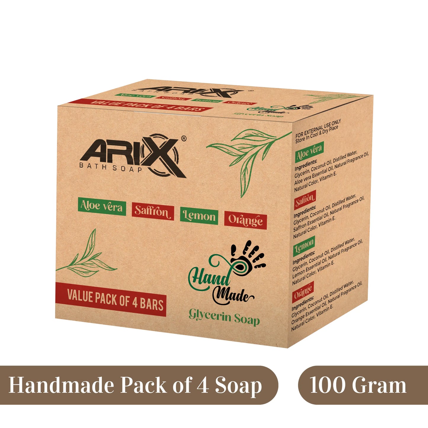 ARIX Natural Handmade Glycerin Bath Soap Combo - Aloe Vera, Saffron, Lemon & Orange Bathing Bar I Herbal Soaps with Essential Oils I Glowing Skin & Body I for Women & Men with All Skin Type – Set of 4