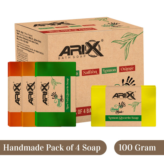 ARIX Natural Handmade Glycerin Bath Soap Combo - Aloe Vera, Saffron, Lemon & Orange Bathing Bar I Herbal Soaps with Essential Oils I Glowing Skin & Body I for Women & Men with All Skin Type – Set of 4