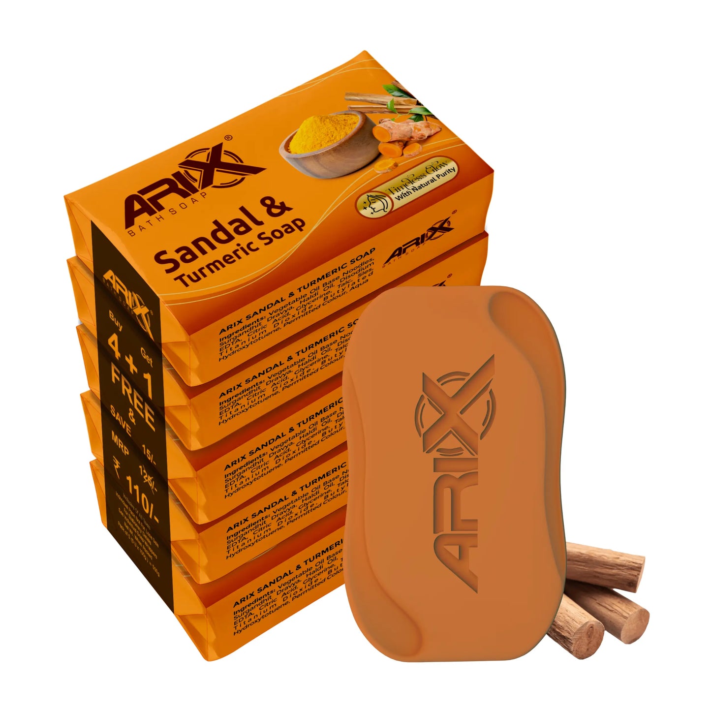 ARIX Sandal & Turmeric Soap I for Total Skin Care I Long-Lasting Fragrance I with Essential Oil I Handmade Bathing Bar I Natural Cleanser I for Women & Men with All Skin Types (Set of 4 + 1)