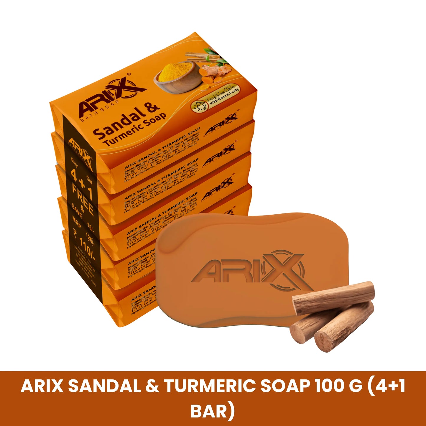ARIX Sandal & Turmeric Soap I for Total Skin Care I Long-Lasting Fragrance I with Essential Oil I Handmade Bathing Bar I Natural Cleanser I for Women & Men with All Skin Types (Set of 4 + 1)