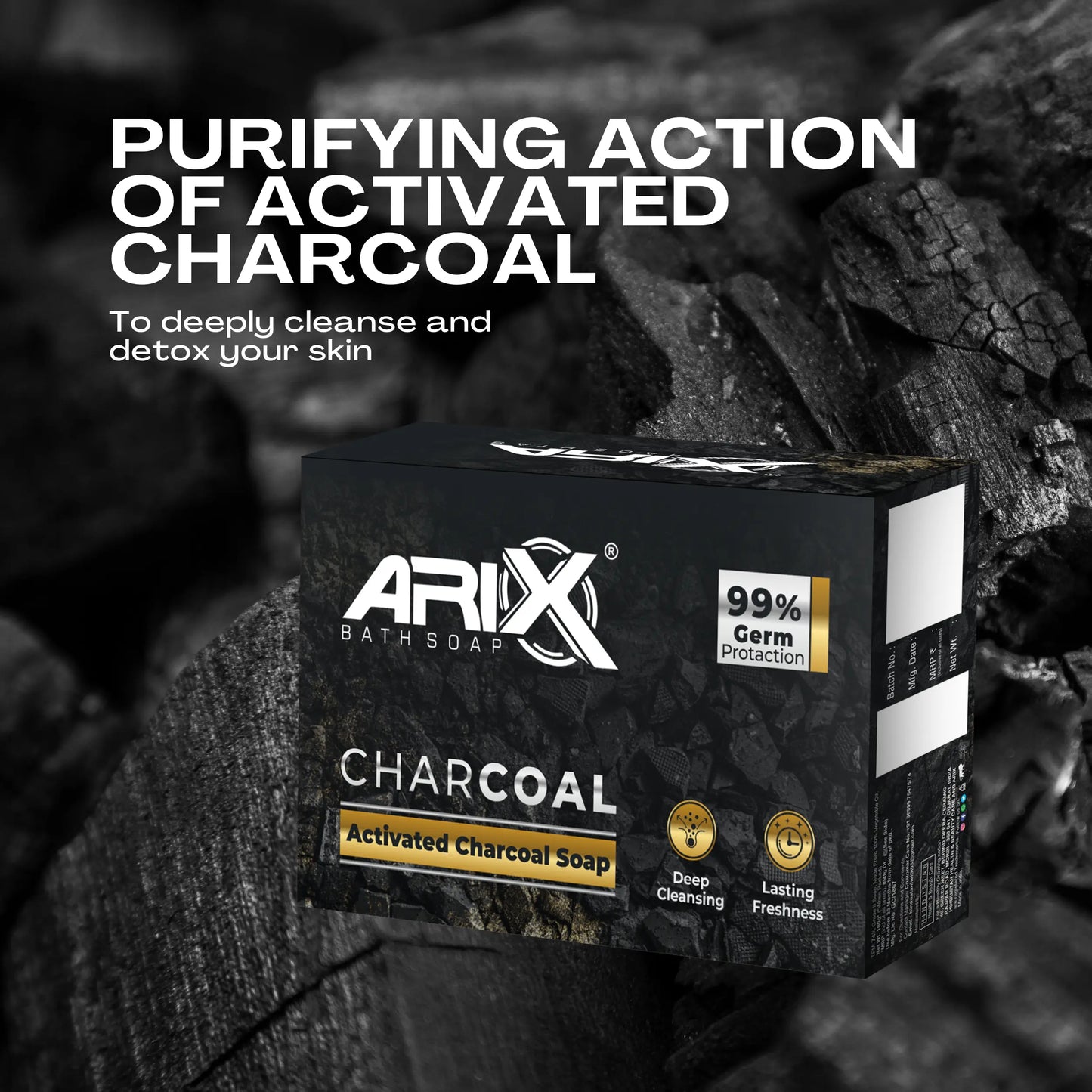 ARIX Activated Charcoal Soap I Solid Lasting Freshness Bathing Bar I 99.9% Germ Protection and Deep Cleansing I Acne, Blackheads, Anti Wrinkle, Pimple Skin Care I for All Skin Types (Pack of 3)