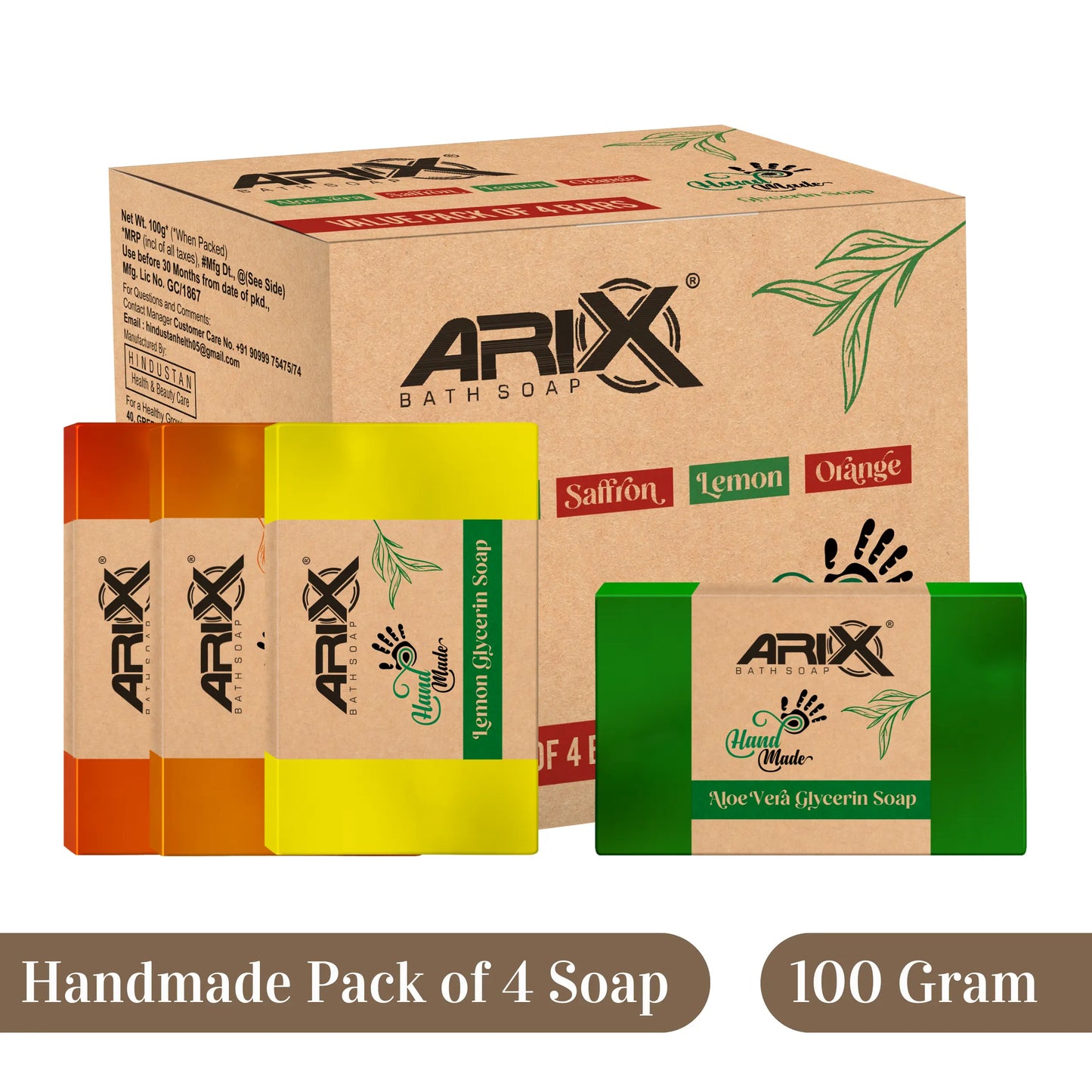 ARIX Natural Handmade Glycerin Bath Soap Combo - Aloe Vera, Saffron, Lemon & Orange Bathing Bar I Herbal Soaps with Essential Oils I Glowing Skin & Body I for Women & Men with All Skin Type – Set of 4