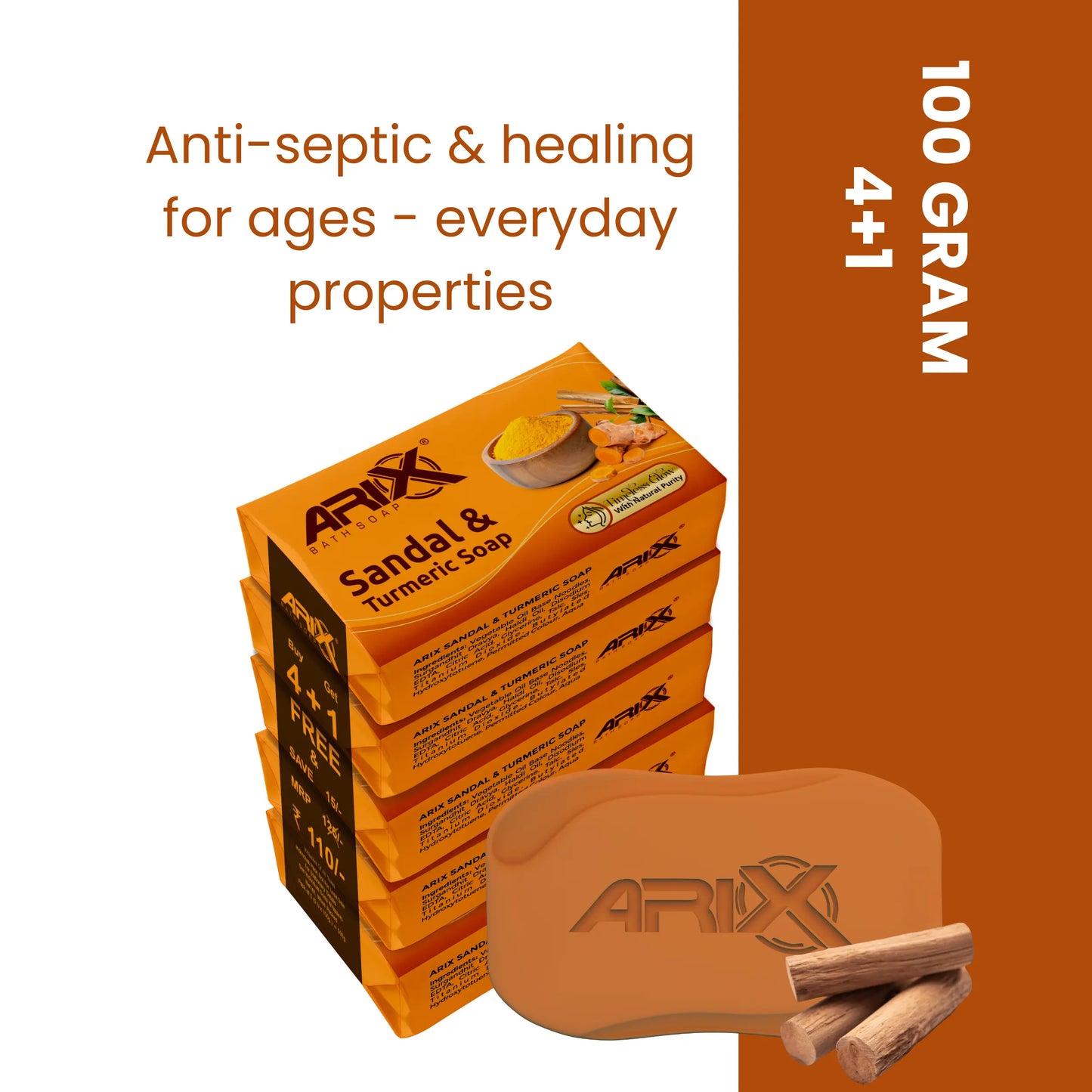 ARIX Sandal & Turmeric Soap I for Total Skin Care I Long-Lasting Fragrance I with Essential Oil I Handmade Bathing Bar I Natural Cleanser I for Women & Men with All Skin Types (Set of 4 + 1)