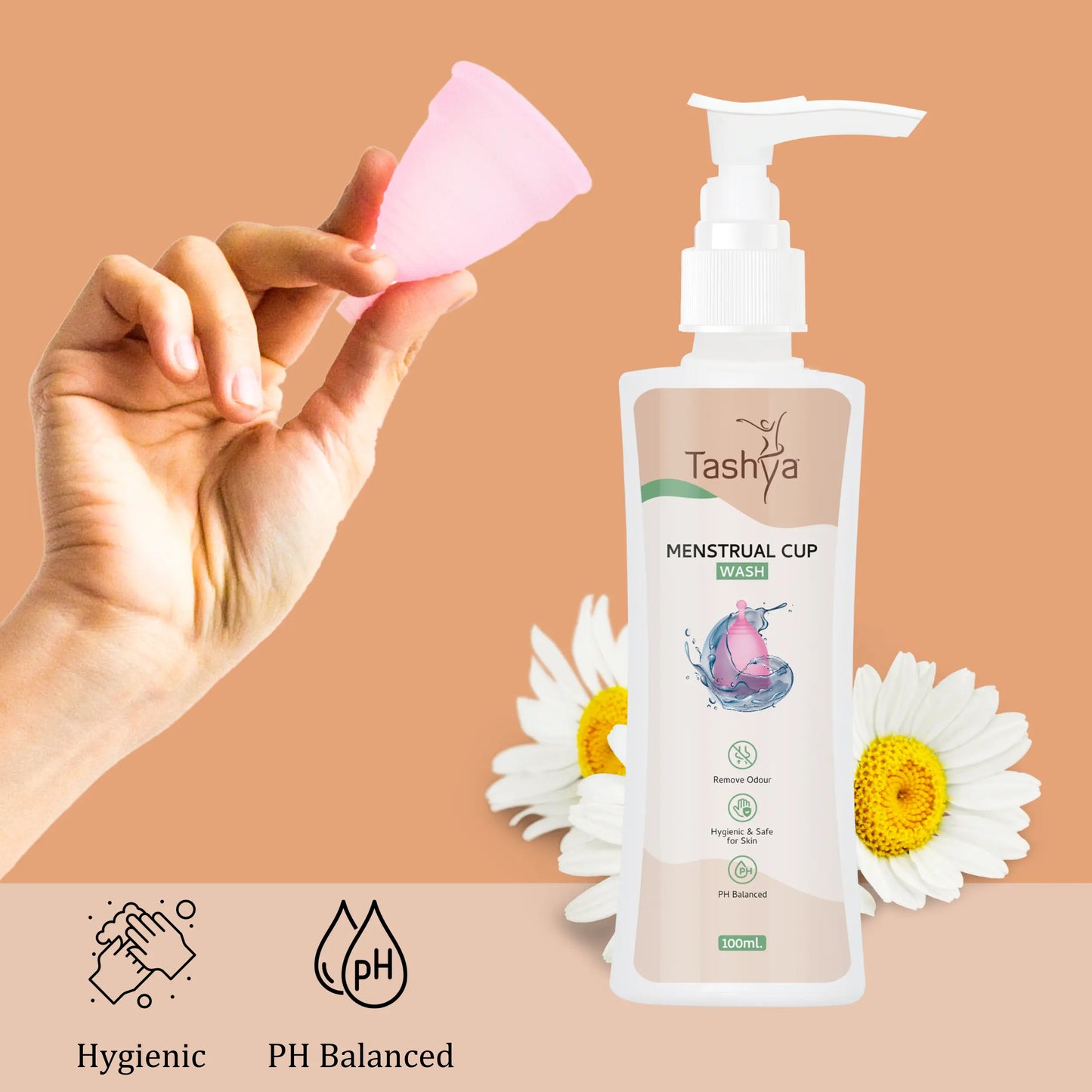 TASHYA Menstrual Cup Wash I Maintains Cup Hygiene I Paraben & Sulphate Free I Natural Foaming Cup Cleanser with Aloe vera, Daisy flower, Mix Fruit I Removes Odour & Stains I Safe for skin - 100 ML