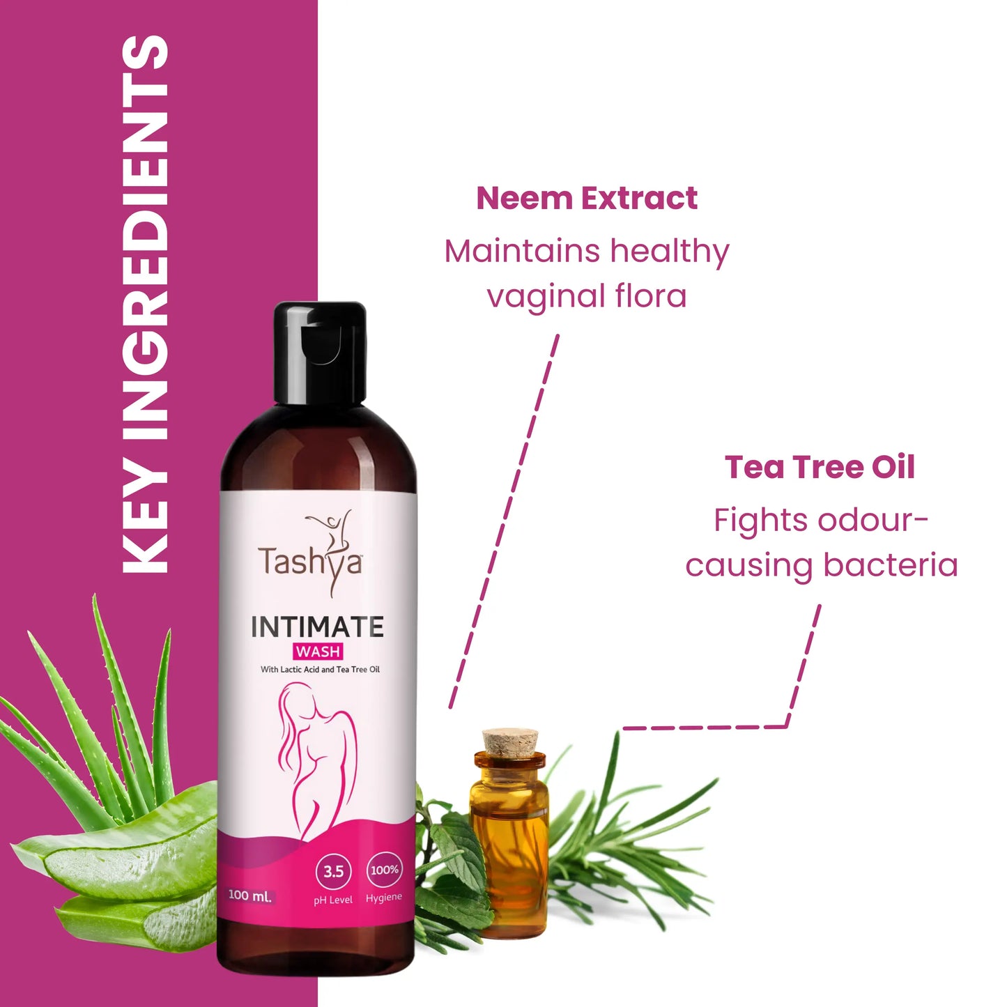 TASHYA Intimate Wash I Hygiene Wash for Women with Tea Tree Oil & Neem Extract I pH Balanced I Prevents Itching, Irritation & Dryness I for All Skin Types I Safe during Pregnancy & Periods – 100 ML