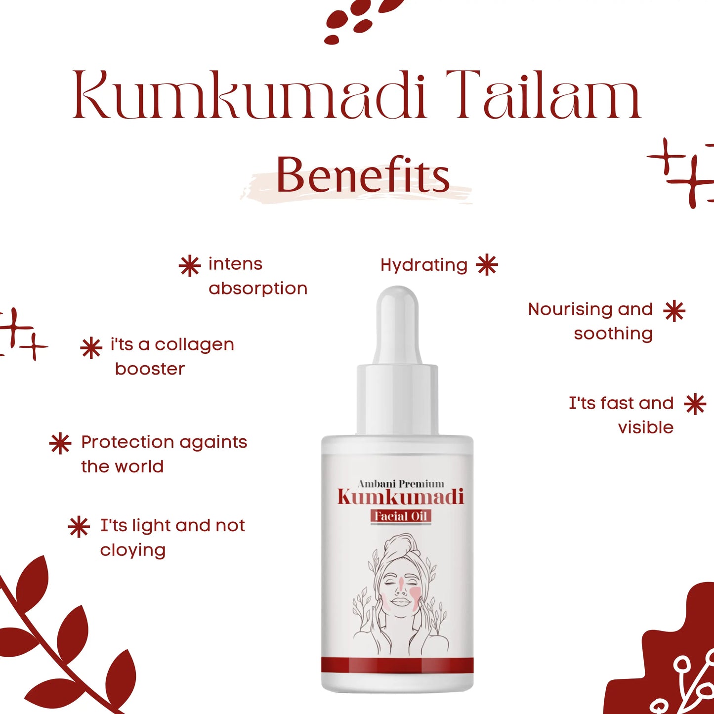 AMBANI HEALTH CARE Kumkumadi Facial Oil I 100% Organic I Natural Ingredients I for Soothing Moisturizing & whitening Skin I Ayurvedic Herbal Oil for Acne, Pimples, & Spots I for Women & men – 30 ML