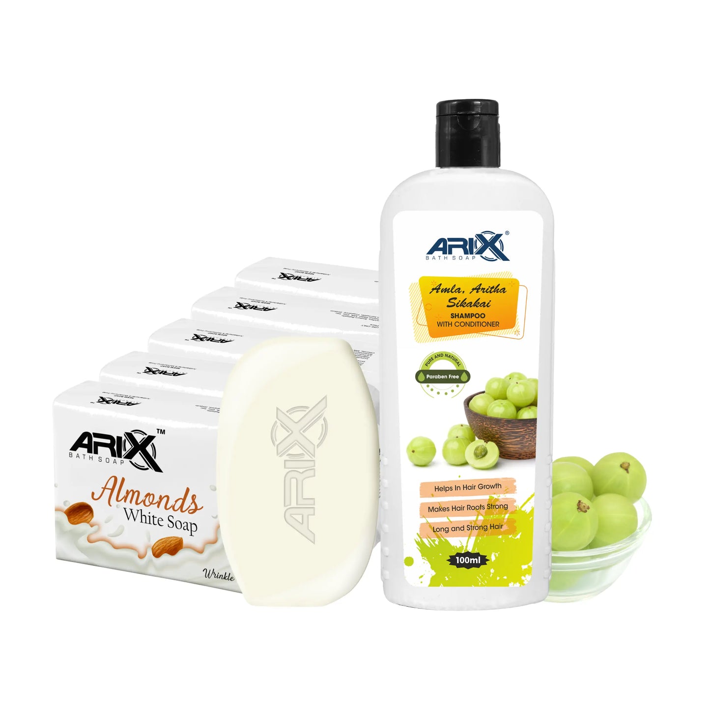 ARIX Herbal Amla, Aritha, & Sikakai Shampoo Conditioner and Almond Soap I Natural Ingredients I Promotes Healthy, Shiny, Glossy Hair, Clear, Glowing & Radiant Skin I for Women & Men (100ml + 5 Pcs)