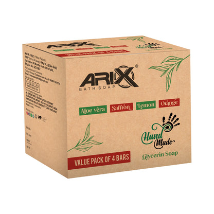 ARIX Natural Handmade Glycerin Bath Soap Combo - Aloe Vera, Saffron, Lemon & Orange Bathing Bar I Herbal Soaps with Essential Oils I Glowing Skin & Body I for Women & Men with All Skin Type – Set of 4
