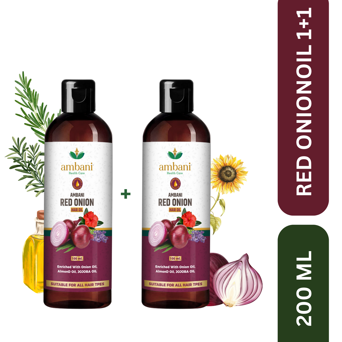 AMBANI HEALTH CARE Red Onion Hair Oil I with Comb Extension I Pure, Natural & Non-Sticky I Control Hair Fall & Dandruff I Stronger & Shiny Hair I Promotes Hair Growth for All Hair Types (100ML+100ML)