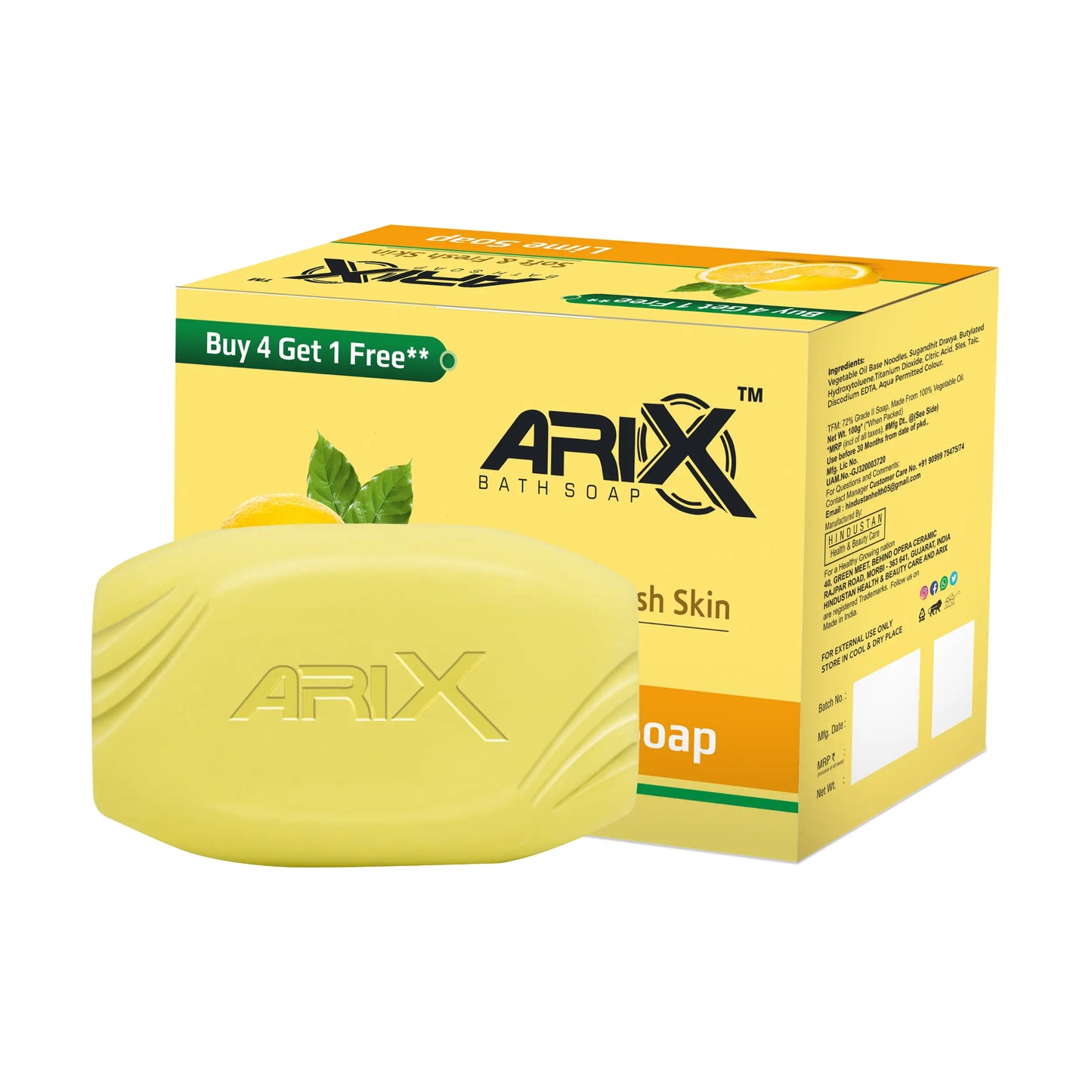 ARIX Lime Soap with Freshness of Lemon I Refreshing Bathing Soaps I Paraben & Sulphate Free I Reducing Tanning I Removes Germs for Fresh and Moisturized Healthy Skin for All Skin Type (Pack of 4 + 1)