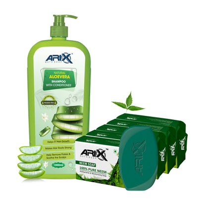 ARIX Natural Aloevera Shampoo Conditioner and Neem Soap I Herbal Bathing Bar with Essential Oils I Enhance Shine, Strengthen, Soothe Scalp and Reduce Hair Fall I for Women & Men (1 L + 5 Pcs)