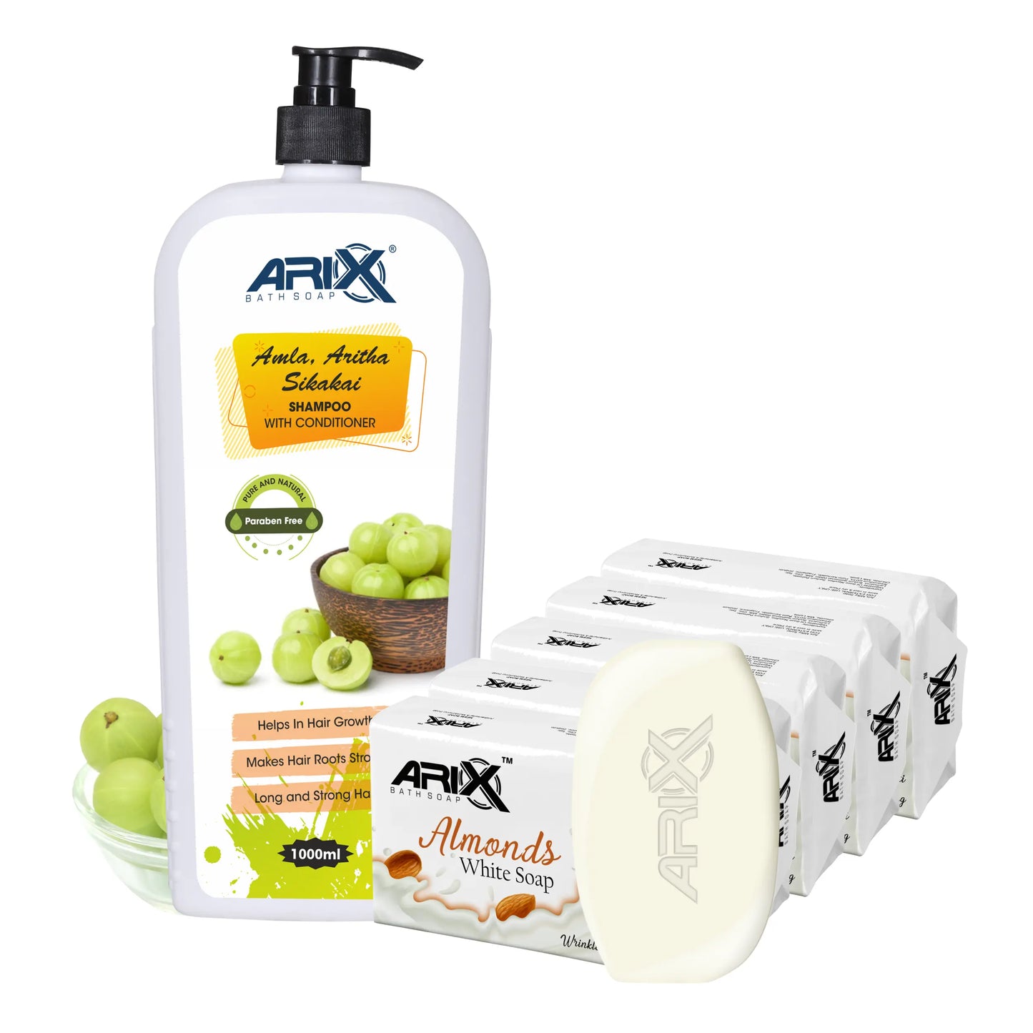 ARIX Herbal Amla, Aritha, & Sikakai Shampoo Conditioner and Almond Soap I Natural Ingredients I Promotes Healthy, Shiny, Glossy Hair, Clear, Glowing & Radiant Skin I for Women & Men (1 L + 5 Pcs)