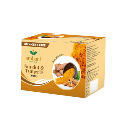 AMBANI HEALTH CARE Sandal & Turmeric Soap I with Essential Oil I Long-Lasting Fragrance I Handmade Bathing bar I Natural Cleanser I for Total Skin Care I Suitable for all Skin Types - Set of 4 + 1