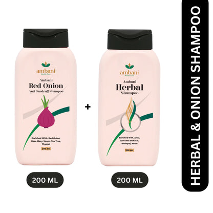 MBANI HEALTH CARE Herbal and Red Onion Anti-Dandruff Hair Shampoo I for Hair Growth & Hair Fall Control I with Natural Ingredients I Deep Nourishment, Shiny I for All Hair Types - 200ML + 200ML