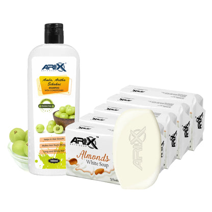 ARIX Herbal Amla, Aritha, & Sikakai Shampoo Conditioner and Almond Soap I Natural Ingredients I Promotes Healthy, Shiny, Glossy Hair, Clear, Glowing & Radiant Skin I for Women & Men (100ml + 5 Pcs)
