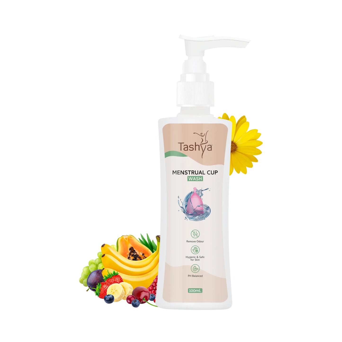 TASHYA Menstrual Cup Wash I Maintains Cup Hygiene I Paraben & Sulphate Free I Natural Foaming Cup Cleanser with Aloe vera, Daisy flower, Mix Fruit I Removes Odour & Stains I Safe for skin - 100 ML