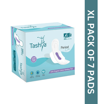 TASHYA 100% Pure Cotton Sanitary Pads I 8 Layer All Night Sanitary Napkins I Fluid Lock Technology I Rash Free, Anti Tan, Skin Friendly, Leak-proof I Hygiene & Comfort I XL - 280mm - 7 Pads