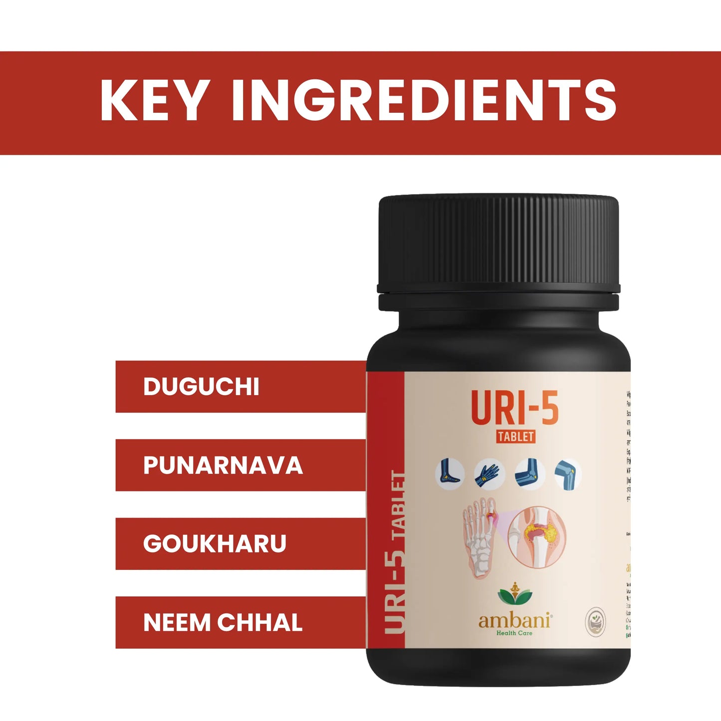 AMBANI HEALTH CARE Ayurvedic URI-5 Tablet I Uric Acid Control Medicine I Natural Formulation I Herbal Supplements I Support for Joint Pain, Swelling, & Inflammation I for Men & Women