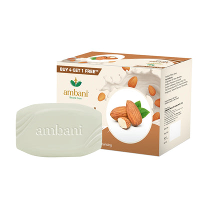 AMBANI HEALTH CARE Almond Soap I Ayurvedic I Herbal Soap with Essential Oil I Handmade Bathing Bar I Natural Cleanser I Glowing, Smoother, & Moisturized Skin I for All Skin Types (Set of 4 + 1)