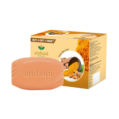AMBANI HEALTH CARE Sandal & Turmeric Soap I with Essential Oil I Long-Lasting Fragrance I Handmade Bathing bar I Natural Cleanser I for Total Skin Care I Suitable for all Skin Types - Set of 4 + 1