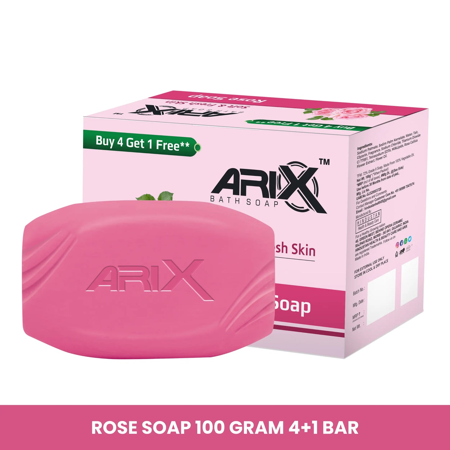 ARIX Rose Soap I with Rose Scented I Handmade Bathing Bar for Face & Body I Smooth, Soft Moisturized, and Glowing Skin I Sulphate & Paraben free I for Women & Men with All Skin Types (Pack of 4 + 1)
