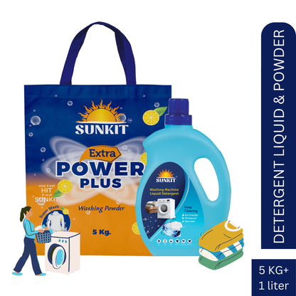 SUNKIT Detergent Powder and Liquid I Natural Ingredients Eco-friendly I Removes Stains & Odour I Long-Lasting Fresh Fragrance I for All Types of Fabrics, Washing Machine & Hand Wash (5KG + 1Liter)